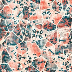 Seamless geo tile shape collage surface pattern. High quality illustration. Random chunks of color chaotically jumbled together inside voronoi jigsaw puzzle shapes. Ornate and detailed texture.