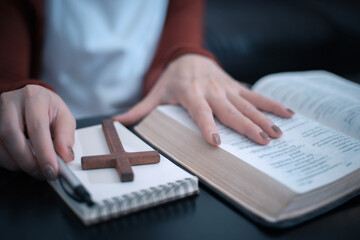 Asian woman reading bible in the morning, spirtuality and religion, Religious concepts.
