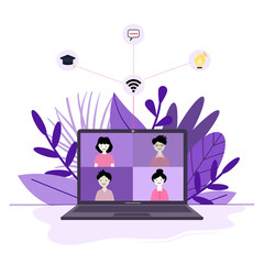 Flat design concept of online education training and courses, meeting, video tutorials.Vector illustration material, presentation template, online advertising. Can be used for your work.