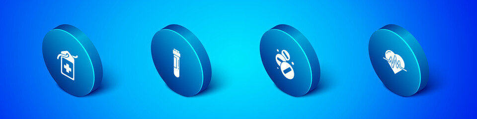 Set Isometric Cross hospital medical tag, Medicine pill or tablet, Heart rate and Test tube with blood icon. Vector