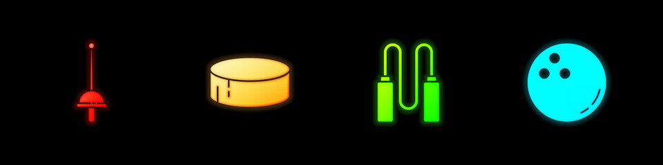 Set Fencing, Hockey puck, Jump rope and Bowling ball icon. Vector