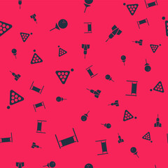 Set Volleyball net, Golf on tee, Billiard balls in rack triangle and Dart arrow on seamless pattern. Vector