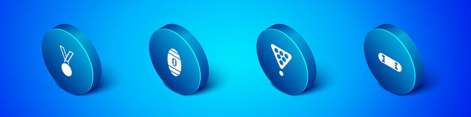 Set Isometric Medal, Billiard balls in rack triangle, Skateboard trick and American Football icon. Vector