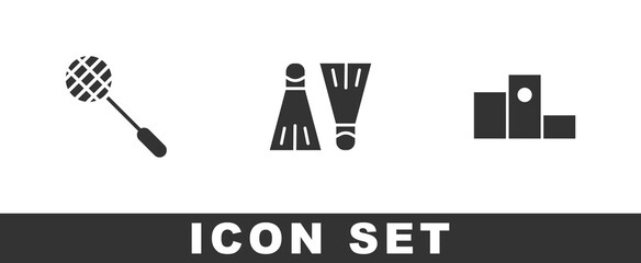 Set Tennis racket, Rubber flippers for swimming and Award over sports winner podium icon. Vector