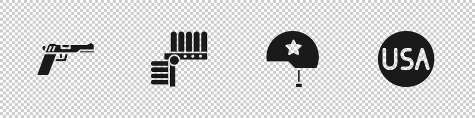 Set Pistol or gun, Indian headdress with feathers, Military helmet and USA label icon. Vector
