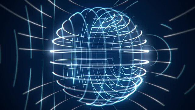 Background animation with a glowing sphere of blue and white flowing energy light beams. This modern technology motion background is full HD and a seamless loop.