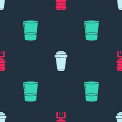 Set Water cooler, filter cartridge and Glass with water on seamless pattern. Vector