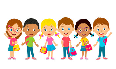 cute cartoon kids stand with bags