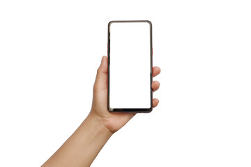The hand is holding the white screen, the mobile phone is isolated on a white background with the clipping path.
