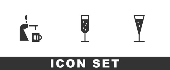 Set Beer tap with glass, Glass of champagne and icon. Vector