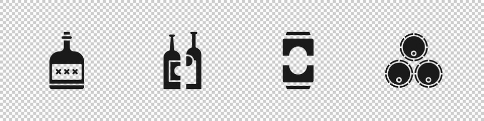 Set Alcohol drink Rum bottle, Bottles of wine, Beer can and Wooden barrels icon. Vector