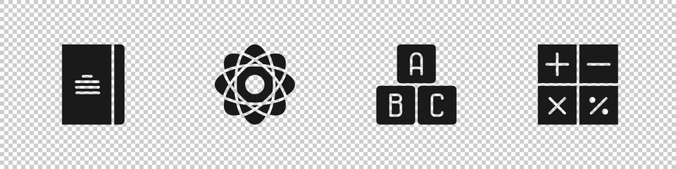 Set Spiral notebook, Atom, ABC blocks and Calculator icon. Vector