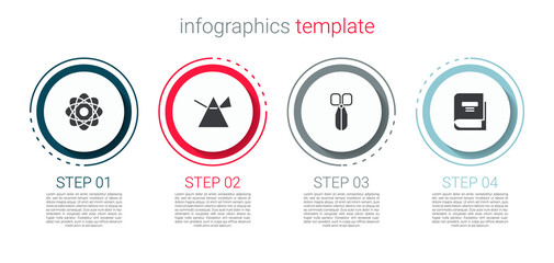 Set Atom, Light rays in prism, Scissors and Book. Business infographic template. Vector