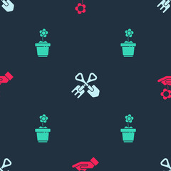 Set Hand holding flower, Shovel rake and Flower pot on seamless pattern. Vector