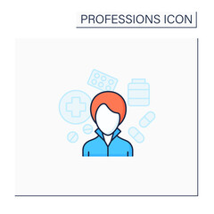 Pharmacist color icon. Woman work in pharmacies.Store, preserve, provide medicine. Important job.Professions concept. Isolated vector illustration