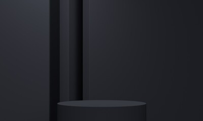 Cylindrical podium on black background wall relief. 3d rendering