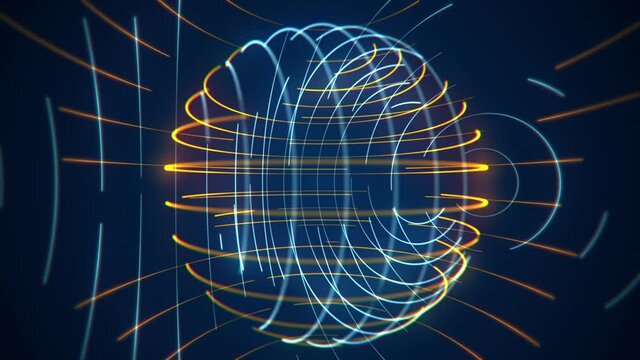 Background animation with a glowing sphere of blue and yellow flowing energy light beams. This modern technology motion background is full HD and a seamless loop.