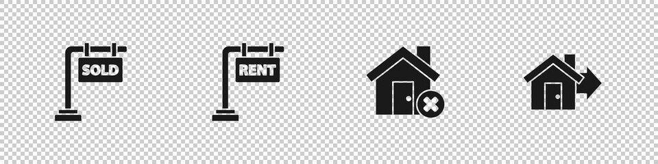 Set Hanging sign with Sold, Rent, House wrong mark and Sale house icon. Vector