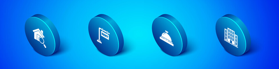 Set Isometric Search house, Hotel service bell, House and Hanging sign with Rent icon. Vector