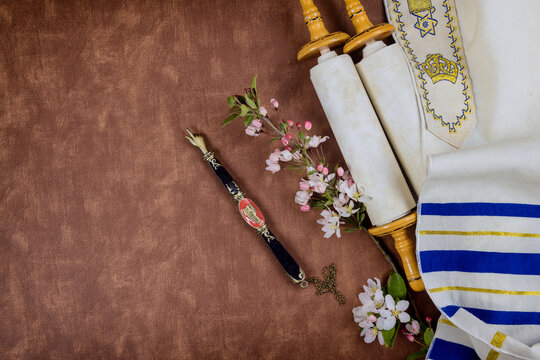 Jewish Orthodox holidays, during prayer items prayer shawl tallit with torah scroll