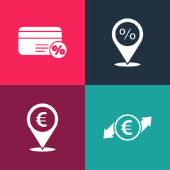 Set pop art Financial growth and euro coin, Cash location, Location with percent discount and Discount card icon. Vector