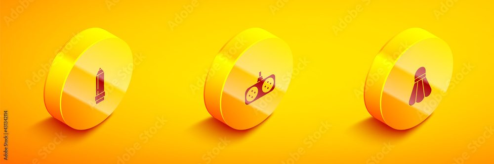 Sticker Set Isometric Pencil with eraser, Gamepad and Badminton shuttlecock icon. Vector