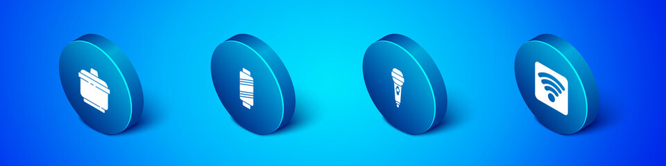 Set Isometric Cooking pot, Microphone, Wi-Fi wireless internet network and Sewing thread spool icon. Vector