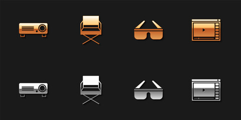 Set Movie, film, media projector, Director movie chair, 3D cinema glasses and Online play video icon. Vector