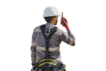 Workers hand holding walkie talkie wearing equipment for rope access full safety harness isolated on white background