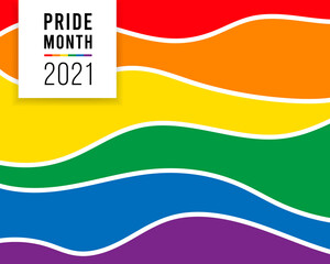 Pride month 2022 logo card with minority flag.Banner Love is love.Rainbow Pride background,LGBT,sexual minorities,gays and lesbians.Designer sign,logo,icon:colorful rainbow in background.Vector