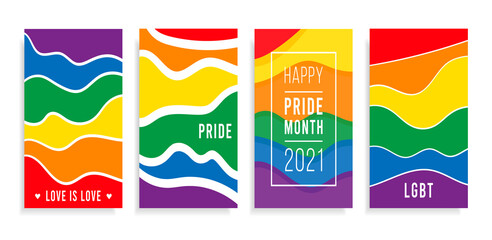 Pride month 2022 logo card with minority flag.Banner Love is love.Rainbow Pride background,LGBT,sexual minorities,gays and lesbians.Designer sign,logo,icon:colorful rainbow in background.Vector - obrazy, fototapety, plakaty