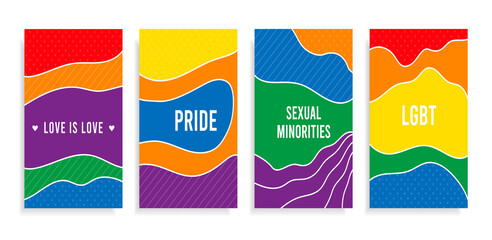 Pride month 2022 logo card with minority flag.Banner Love is love.Rainbow Pride background,LGBT,sexual minorities,gays and lesbians.Designer sign,logo,icon:colorful rainbow in background.Vector