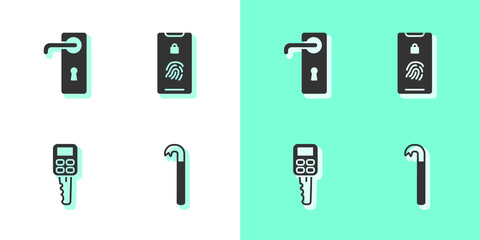 Set Crowbar, Door handle, Car key with remote and Mobile fingerprint scan icon. Vector
