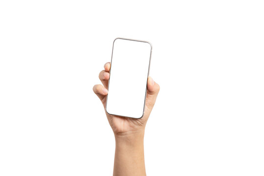 Isolated of Hand holding smartphone with blank screen frame on white background for mockup template. Mobile phone device concept.
