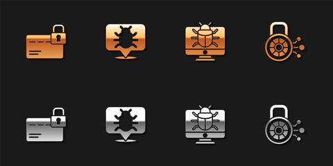 Set Credit card with lock, System bug, on monitor and Cyber security icon. Vector