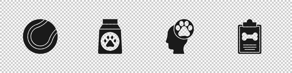 Set Tennis ball, Bag of food, Human with animals footprint and Clinical record pet icon. Vector