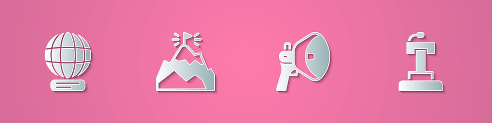 Set paper cut Worldwide, Mountains with flag, Megaphone and Stage stand tribune icon. Paper art style. Vector