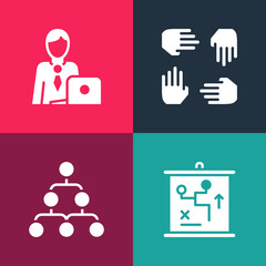 Fototapeta premium Set pop art Planning strategy concept, Hierarchy organogram chart, Project team base and Businessman icon. Vector
