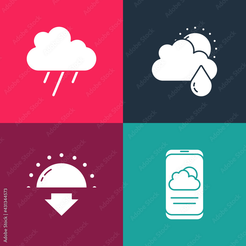 Canvas Prints set pop art weather forecast, sunset, cloud with rain and sun and icon. vector