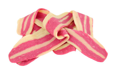 Raw meat free plant based bacon rashers isolated on a white background