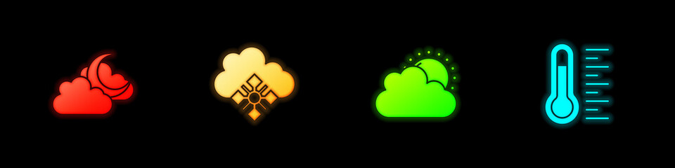 Set Cloud with moon, snow, Sun and cloud weather and Meteorology thermometer icon. Vector