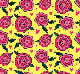 Cute bright childish seamless pattern vector floral background with pink fantasy rose, peony flower on yellow backdrop. Design for textile, wrapping paper, children goods