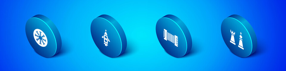 Set Isometric Snowflake, Accordion, Chess and Rocket ship icon. Vector