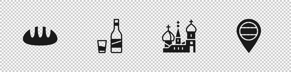 Set Bread loaf, Bottle of vodka with glass, Saint Basil's Cathedral and Location Russia icon. Vector