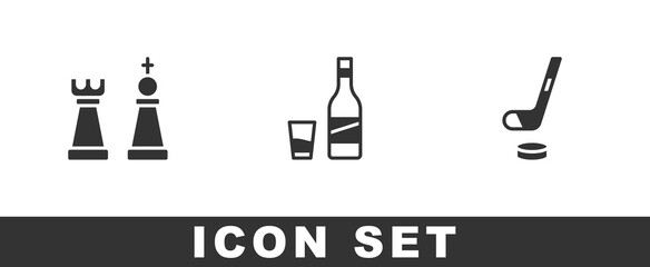 Fototapeta premium Set Chess, Bottle of vodka with glass and Ice hockey stick and puck icon. Vector