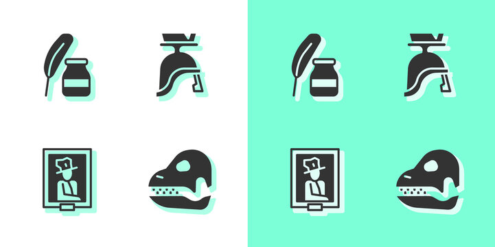 Set Dinosaur skull, Feather and inkwell, Portrait museum and Roman army helmet icon. Vector