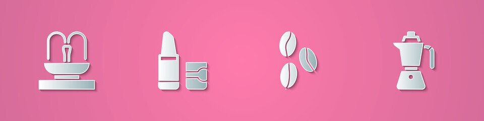Set paper cut Fountain, Lipstick, Coffee beans and moca pot icon. Paper art style. Vector