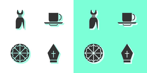 Set Pope hat, Woman dress, Pizza and Coffee cup icon. Vector