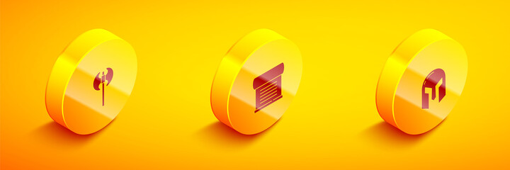 Set Isometric Medieval axe, Decree, parchment, scroll and iron helmet icon. Vector