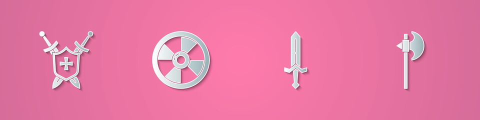 Set paper cut Medieval shield with swords, Round wooden, and axe icon. Paper art style. Vector